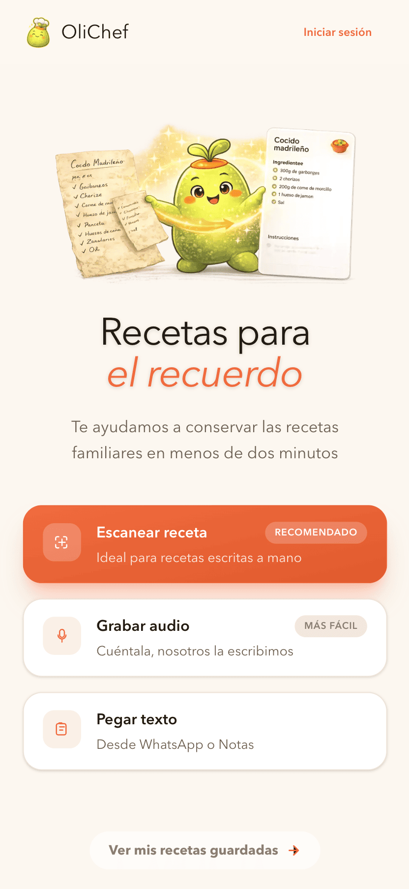 Recipe capture screen in OliChef